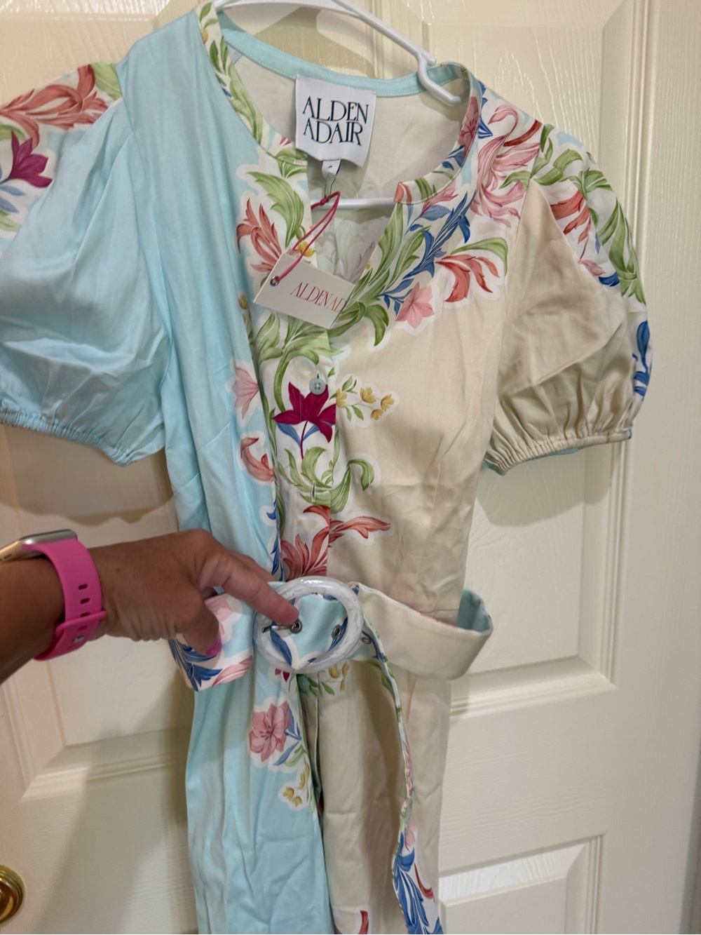 NWT Alden Adair Floral Belted MINI Dress in Light Blue & Cream